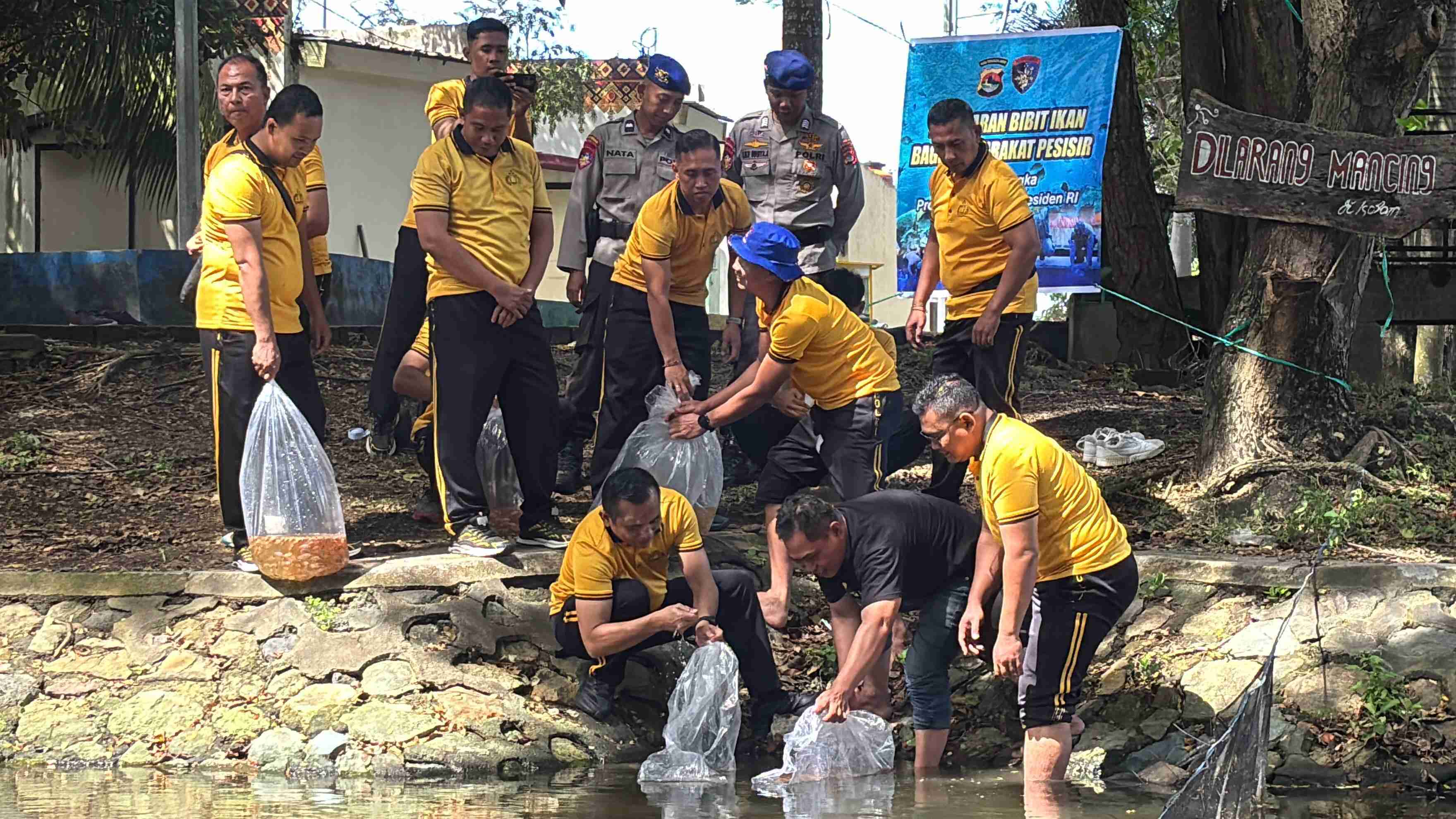 Ditpolairud Polda NTB Dukung Ketahanan Pangan melalui Tabur Benih Ikan di Kolam Loang Baloq  Mataram.